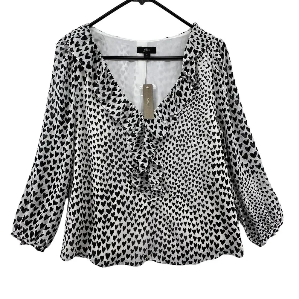J Crew Size Small NEW Blouse Black Heart Print Valentines Day Ruffle Puff Sleeve